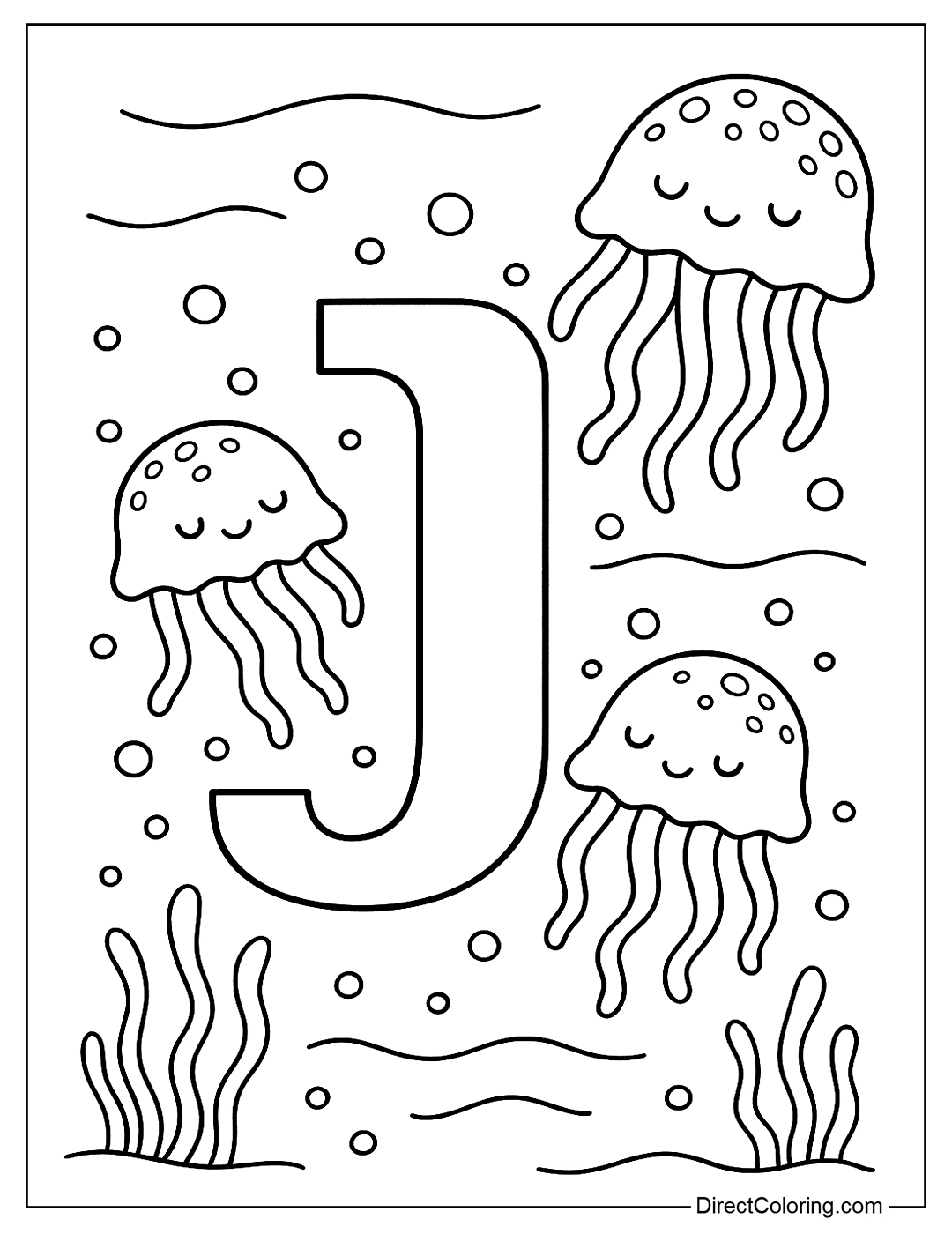 A coloring page of the letter J and jellyfish swimming gently in the water.